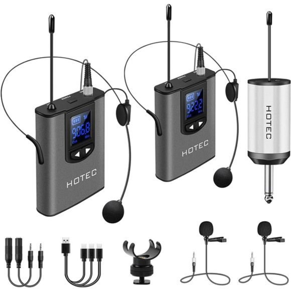 Wireless w/ Dual Headset Microphones/Lavalier Lapel Mics & Bodypack Transmitter - Picture 1 of 7
